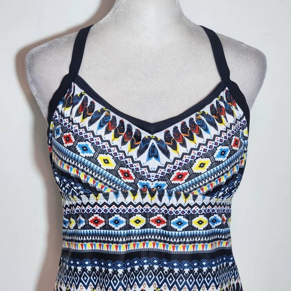 Yonique Feather Print Boho Tankini Top NWT Size Medium Aztec Print Tankini - Picture 2 of 11